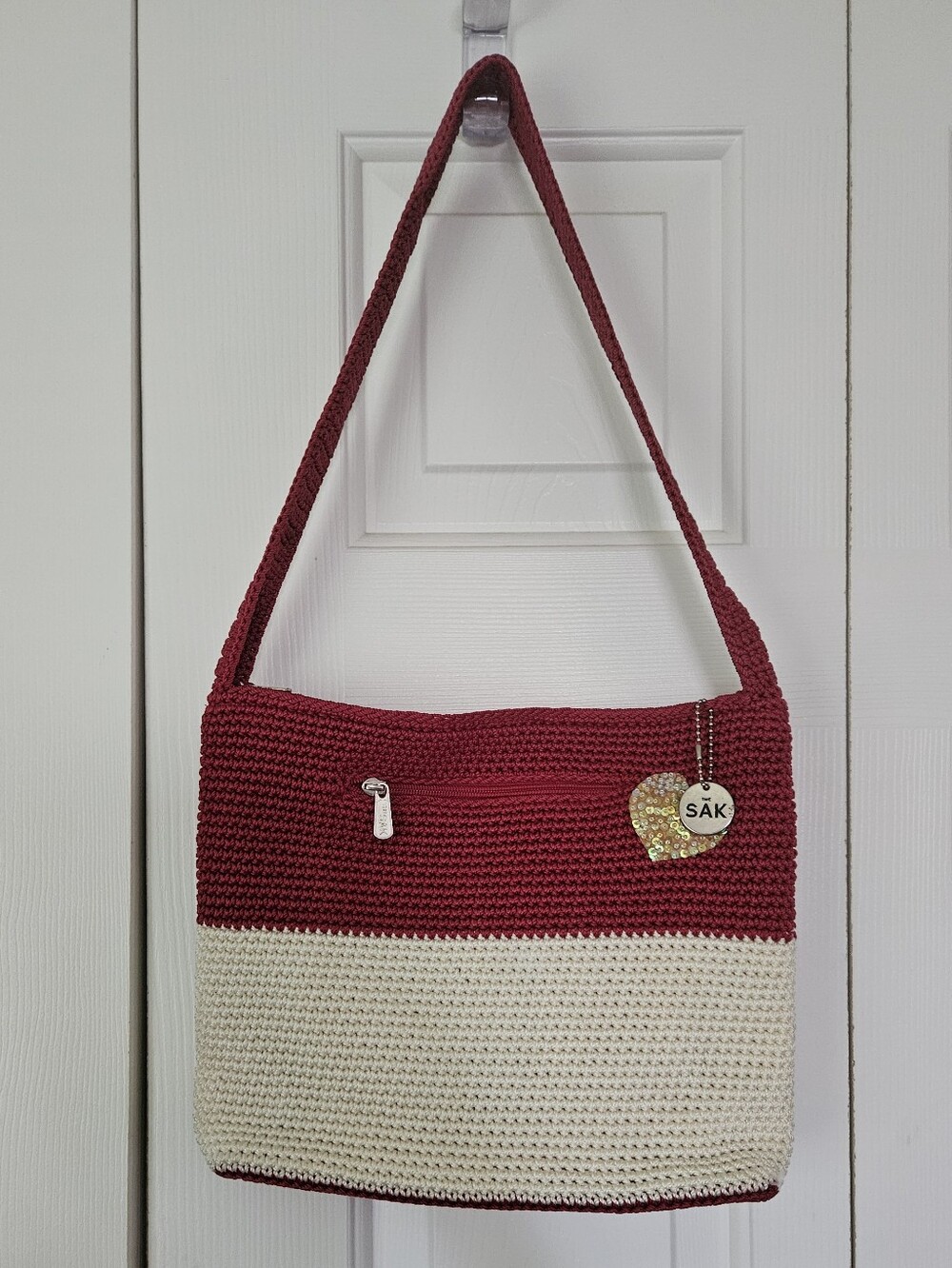 The Sak Two-Tone Red and Cream Crochet Shoulder Bag